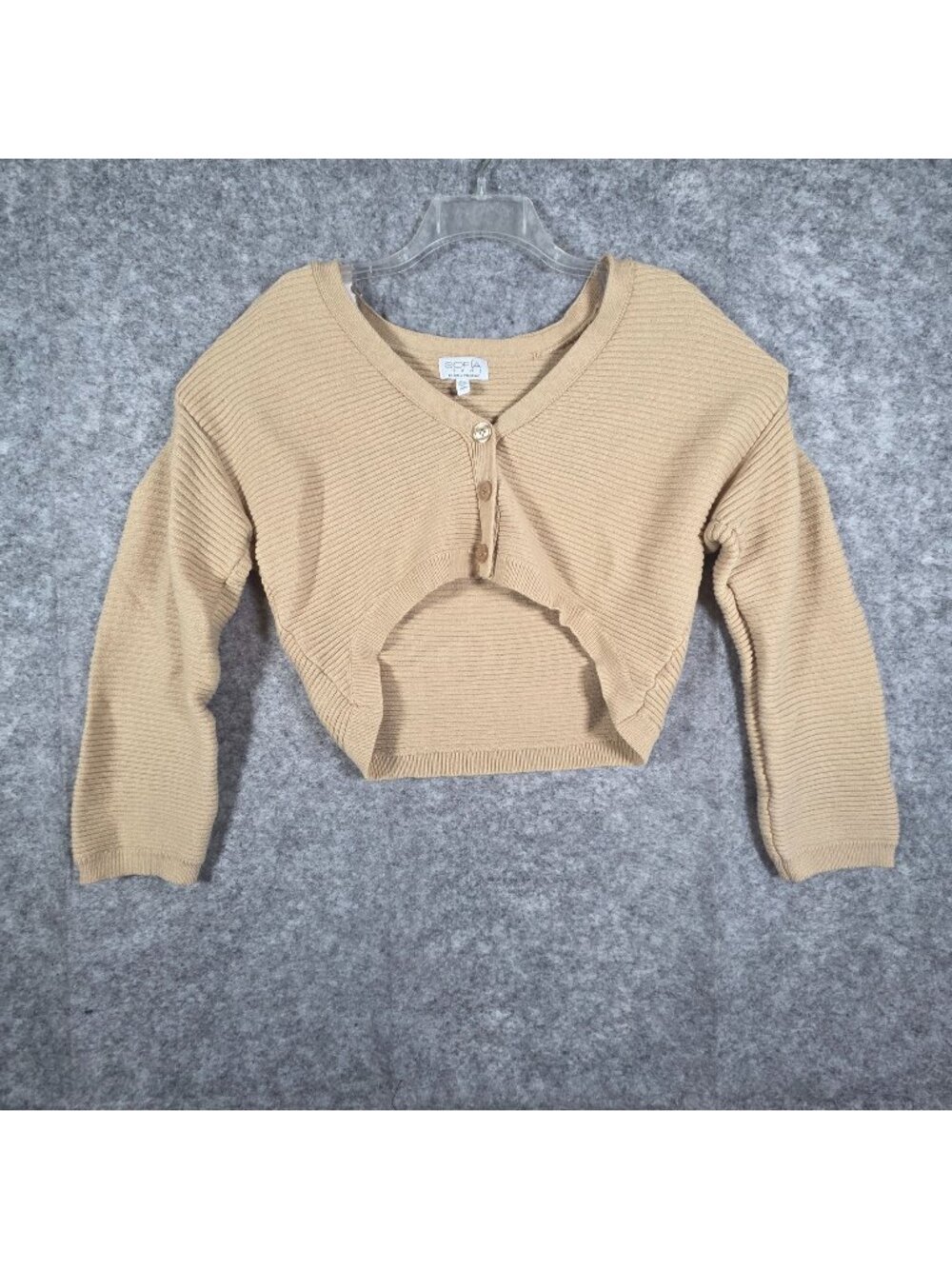 Sofia Women's Cardigan Sweater Cropped  Long Sleeve Knit V Neck Tan Size XL